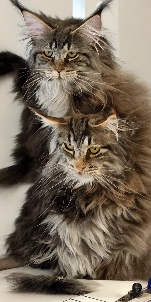 Image similar to a wise old maine coon explaining the beauty of mathematics to mouse