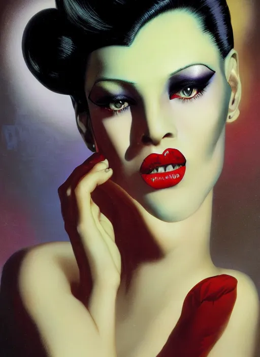 Image similar to an 8 0 s portrait of a woman with dark eye - shadow and red lips with dark slicked back hair dreaming acid - fueled hallucinations by serge lutens, rolf armstrong, delphin enjolras, peter elson