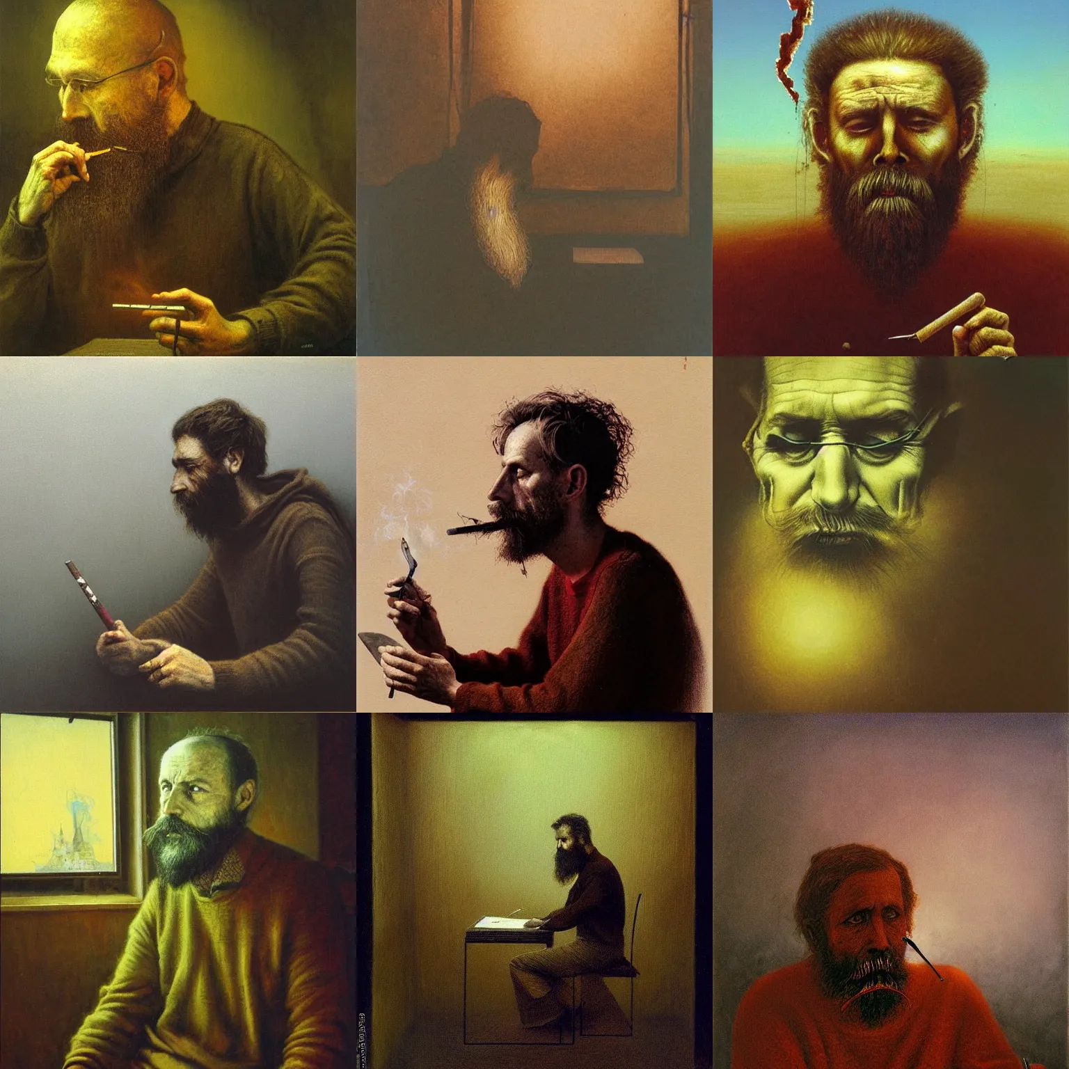 Prompt: Beksinski painting of a writer with a beard sitting, he is smoking a cigarette, he is wearing a brown sweater, dramatic lighting, highly detailed, realistic