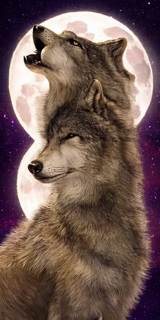 Image similar to close up portrait of a howling wolf in front of the full big moon, fantasy digital art, high definition, 8k, high details, high quality, golden and silver colors, glowing lights in the background