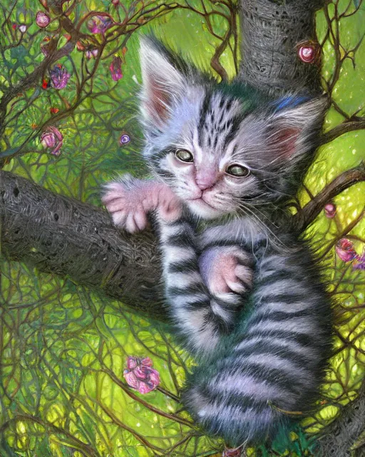 Image similar to an adorable cheshire kitten asleep in a tree | highly detailed | very intricate | symmetrical | whimsical and magical | soft cinematic lighting | award - winning wonderland | painted by donato giancola and paul lehr and ross tran | pastel color palette | featured on artstation