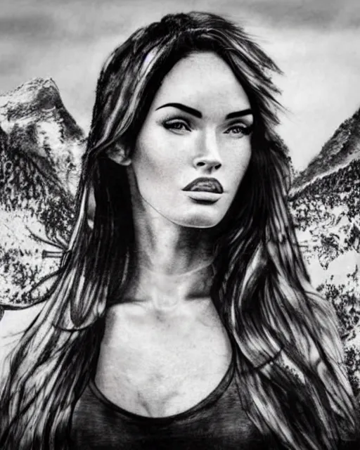 Prompt: realism tattoo design sketch of megan fox face blended with beautiful mountain scenery, in the style of dan mountford, double exposure photography, hyper realistic, amazing detail, black and white