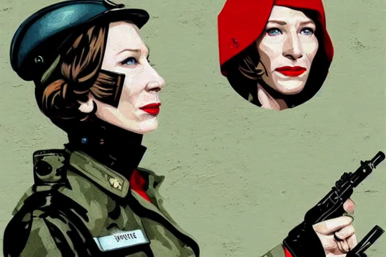 Image similar to cate blanchett as a sad female soviet soldier, art by Sandra Chevrier