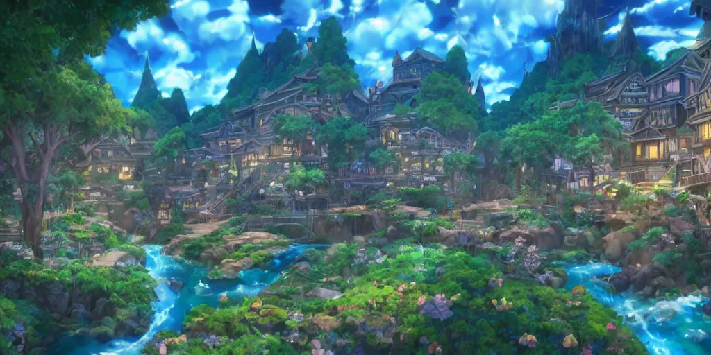 Prompt: beautiful and immersive magical town, magical buildings, bioluminescent forest surrounding, gentle rivers flowing through town, award - winning cinematography - anime style - cinematic lighting, dramatic lighting, hdr, 4 k, stunning and beautiful view - unbelievably amazing - highly detailed, hyperrealistic, in the style of kingdom hearts and studio ghibli, crisp and clear image, 3 d