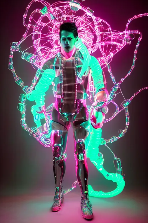 Image similar to full-body rococo and cyberpunk style mint neon and ceramic statue of a muscular attractive Nick Jonas as a robot god humanoid wearing a thin see-through plastic cloak sim roupa, posing like a superhero, suspended to the wall thick clear cables around his wrists, glowing peach face, crown of pink steampunk lasers, large diamonds, swirling silver silk fabric. futuristic elements. oozing glowing liquid, full-length view. space robots. human skulls. throne made of bones, intricate artwork by caravaggio. Trending on artstation, octane render, cinematic lighting from the right, hyper realism, octane render, 8k, depth of field, 3D