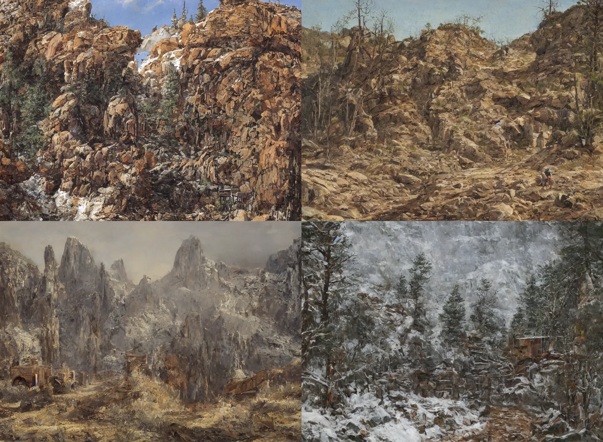 Image similar to entrance to wild west mine, rail tracks lead from the mine, a mine cart sits on the tracks, mine cart, sheer cliffs surround the scene, high elevation, sparse pine forest, dusting of snow, rock arches, long shadows, golden hour, wide angle, oil painting, albert bierdstadt