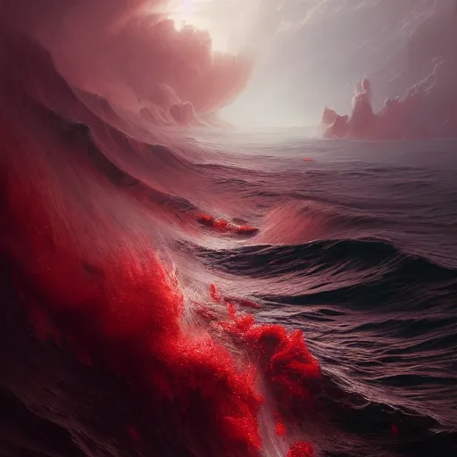 Image similar to turbulent ocean made of dark - red energy under a bed of loquaciously indulgent cloudy skies, emanating red mist, illustrated by greg rutkowski and gaston bussiere, artstation, cgsociety contest winner, intricately defined, complexly detailed, zbrush, mannerism, 4 k