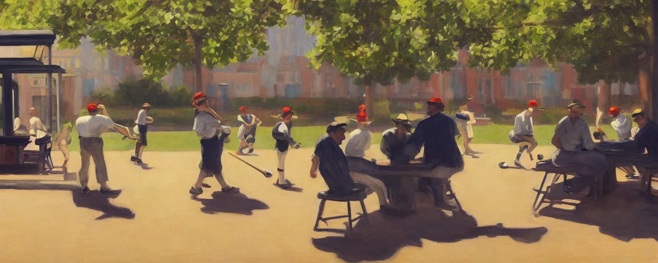 Image similar to a group of guys drinking beer and playing baseball at a local park, picture in the style of Edward Hopper