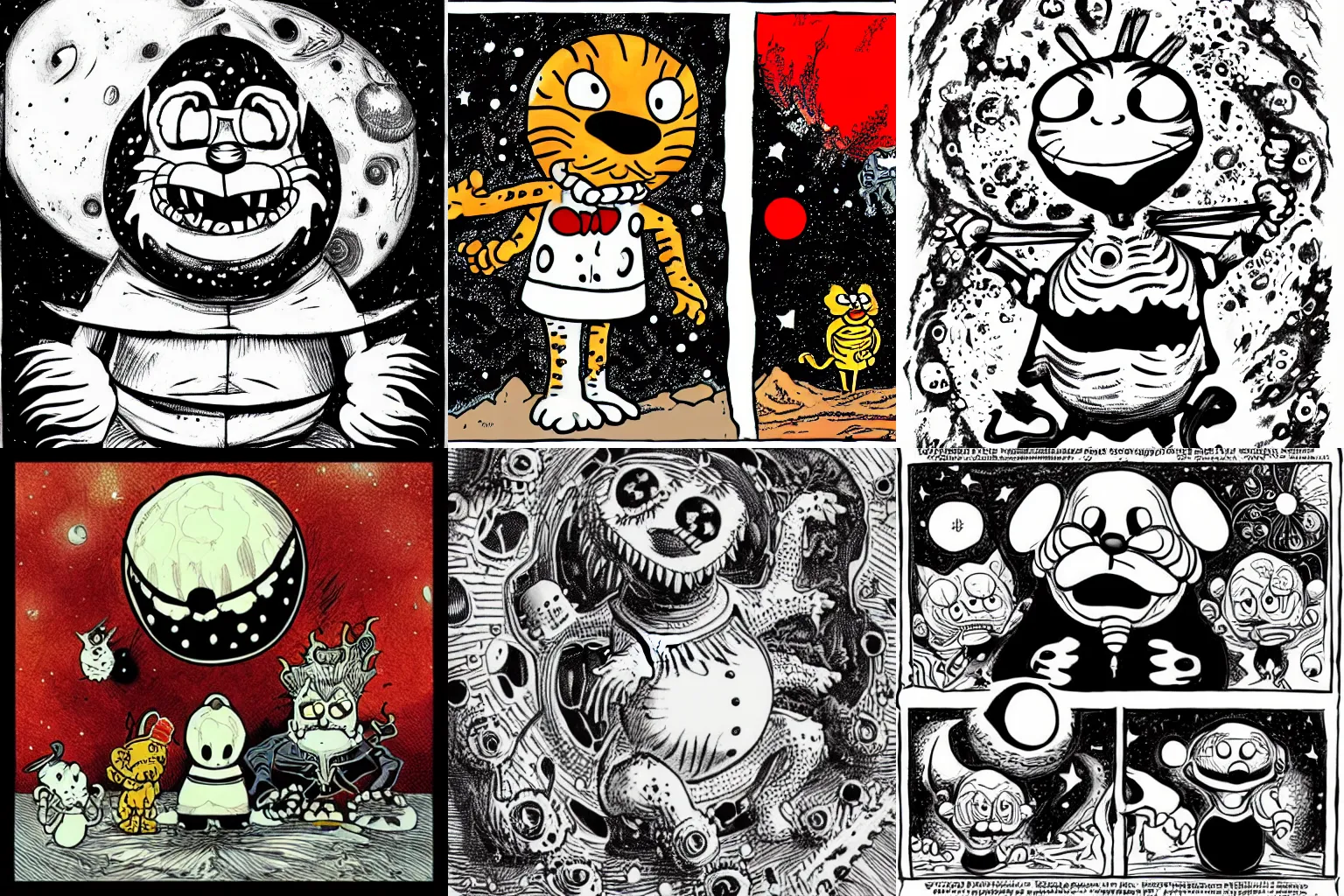 Prompt: A cosmic horror style garfield, ImSorryJohn, Jack skelington, Black and white, red eyes