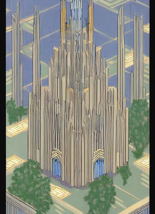 Image similar to isometric artdeco cathedral by frank lloyd wright, isometric, painted by piet mondrian in isometric from above