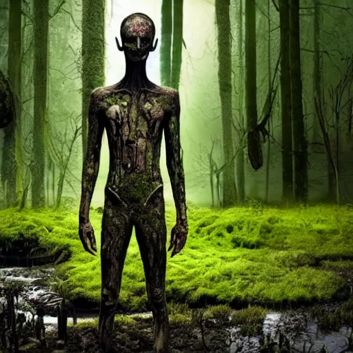 Image similar to Enigmatic Slender Man with Mud and Moss over his skin and plants growing on him is kneeling in a dirty pond, Photorealistic, Sunlight, Creepy, Photograph, National Geographic, Hyperdetailed