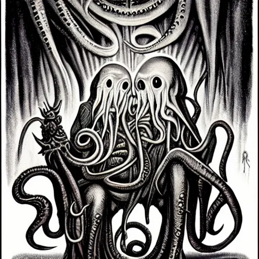 Prompt: Cthulhu Christmas by Charles Addams and H.R. Giger