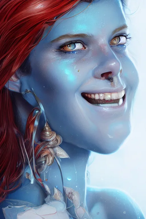 Image similar to an insanely detailed bust up portrait of a beautiful woman facing you, highly detailed features, sparkling blue eyes, long eyelashes, short electric blue hair, beautiful smile, red dress, in the style of peter mohrbacher, artgerm, dramatic lighting and composition, octane render, trending on artstation, concept art 8 k