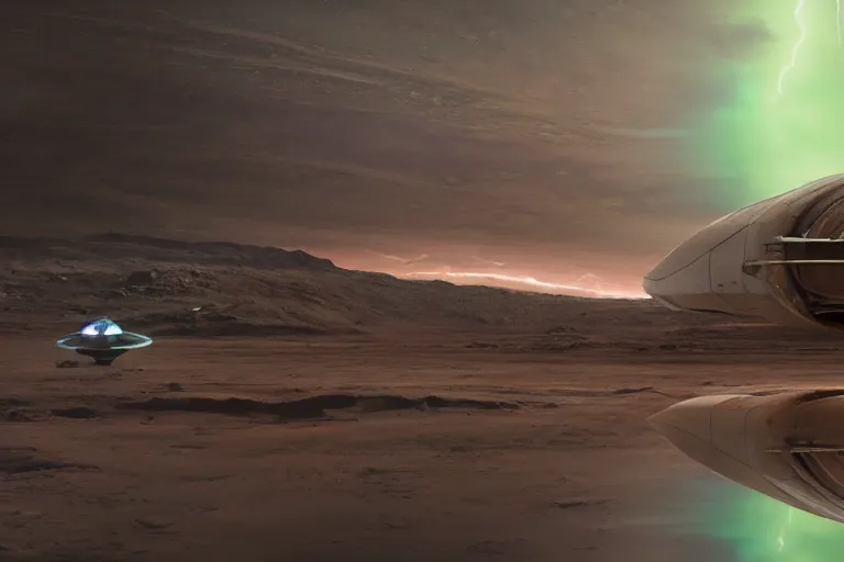Image similar to a cinematic portrait of a cargo starship, landing in a mars base, green clouds and lightning storm, ridley scott and zack snyder, 8 k, hd, high resolution, 8 5 mm, f / 1. 8