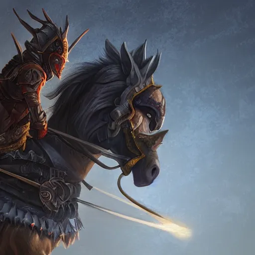 Image similar to epic digital painting of a warrior on a battle horse, eyes glowing, fantasy, sharp focus, highly detailed, cinematic