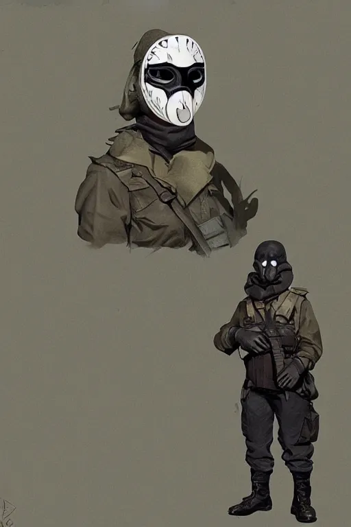 Prompt: ww 2 british sas female masked operative with the standard black uniform and a white porcelain crow mask, artstation, trending on artstation, establishing shot, by simon stalenhag