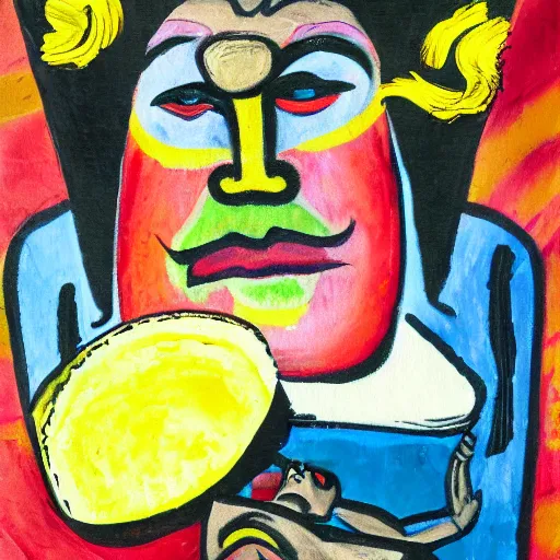 Image similar to expressionist painting of jim helwig the ultimate warrior wearing his signature face paint while lifting a gargantuan plate of tacos over his head, style of otto dix, hans mertens