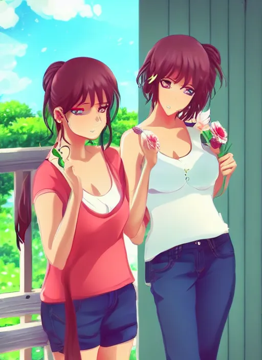 Prompt: two beautiful mothers in a summer home, casual summer clothes, gorgeous faces, thick lines, cinematic lighting, detailed anime art