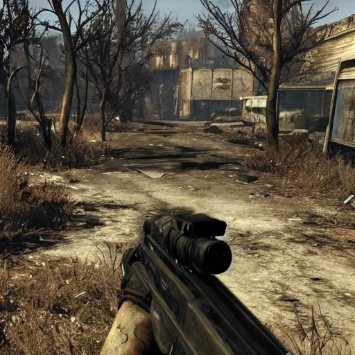 Image similar to Fallout 4 gameplay screenshot, wasteland, Slender Man in the background