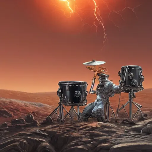 Image similar to UHD closeup of a Photorealistic Robot playing Drums during a wicked lightning storm on Mars, with a cool pose, by Antonio Caparo and Ferdinand Knab and Greg Rutkowski, UHD, photorealistic, trending on artstation, trending on deviantart