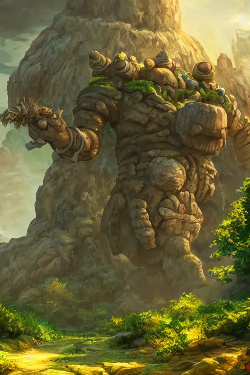 Image similar to zelda fantasy art giant golem troll wood rock greeble gemstone, global illumination ray tracing hdr fanart arstation by sung choi and eric pfeiffer and gabriel garza and casper konefal