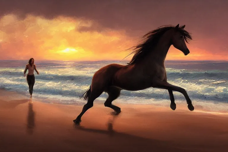 Image similar to a horse running on the beach at sunset by greg rutkowski