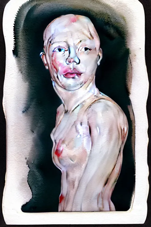Prompt: watercolor, a liquid white clay porcelain portrait of a face melt down flow go runny, body painted with white thick fluid by marlene dumas, realistic detailed watercolor polaroid, grainy image, contrast