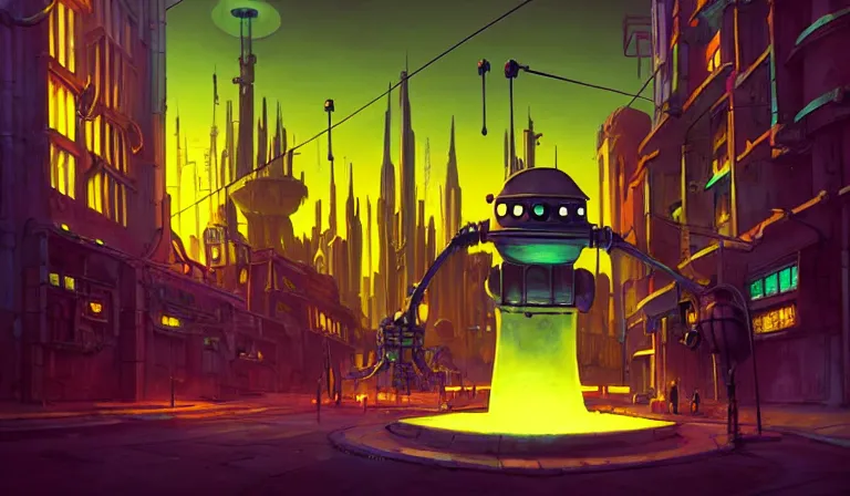 Prompt: fantasycore. magic the gathering art. street view of 1950s machinarium cityscape at night by beeple and NIARK1 and tom whelan. cute gigantic 1950s robots. cel-shaded. glossy painting.