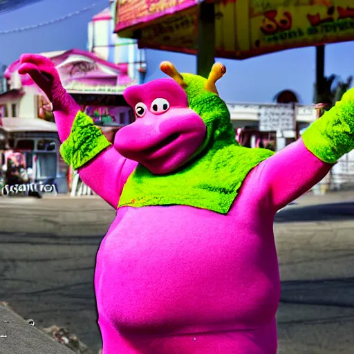 Image similar to Shrek as Pink Guy, dressed as Pink Guy, in a Pink Guy Costume, on the streets, sun shining, fish lens, nostalgic, realistic, 4k resolution, detailed face, 4k, 8k, 8k resolution, 8k resolution face, hyperrealistic, cool, on the boardwalk of a beach in L.A, mid 2000s, at night, nighttime, dark