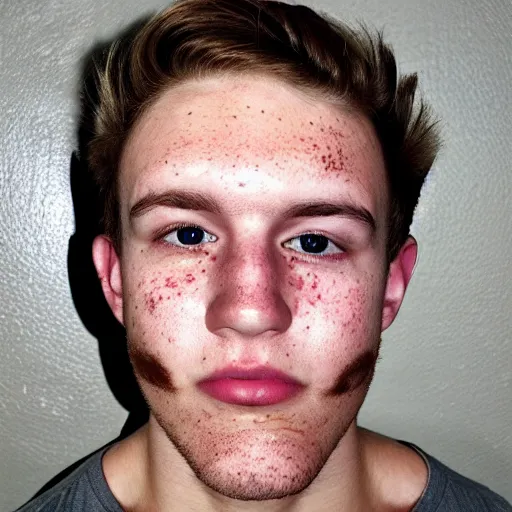 Image similar to a caucasian man with the most acne in the world. acne on face, acne on body, huge zits all over body, desperate, depression, dark mood, hate life, puss zits, pimples