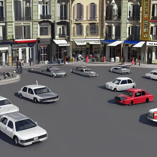 Prompt: a late 9 0 s 3 d render of a french city with sedans and coupes, businesses and people.