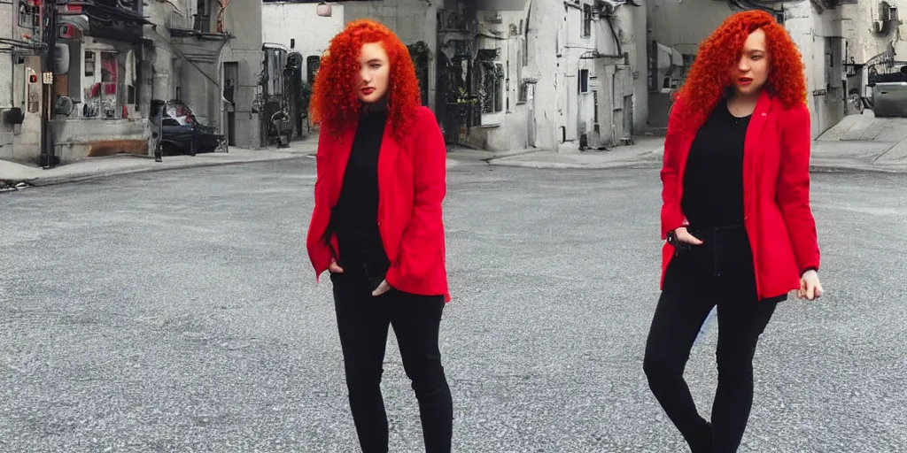 Image similar to man, red hair, black jacket, curly hair, fullbody, Caucasian, short hair,