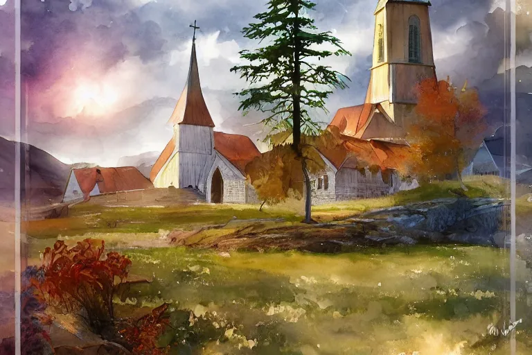 Prompt: small centered on watercolor paper, paint brush strokes, abstract watercolor painting of traditional wooden church tower, viking decor, translucent leaves, cinematic light, national romanticism by hans dahl, by jesper ejsing, by anders zorn, by greg rutkowski, by greg manchess, by tyler edlin