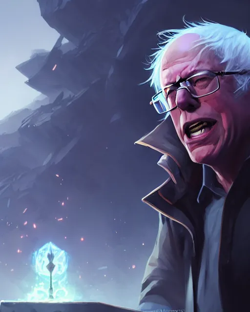 Image similar to bernie sanders as a league of legends champion, medium shot close up, details, sharp focus, illustration, by jordan grimmer and greg rutkowski, trending artstation, digital art