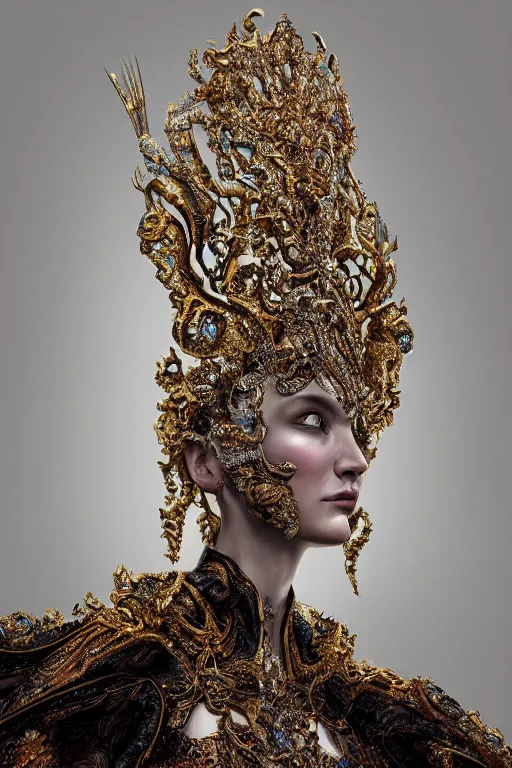 Image similar to hyper-realistic ultra-detailed maximalist and dramatic elegant luxury beautiful young empress portrait by igor goryunov and patricio clarey inspired by andrei riabovitchev and heidi taillefer Rendered by binx.ly 8k. Generative art. Fantastic realism. Scifi feel. Extremely Ornated. Intricate and omnious. Tools used: Blender Cinema4d Houdini3d zbrush. Unreal engine 5 Cinematic. Beautifully lit. No background. artstation. Deviantart. CGsociety.