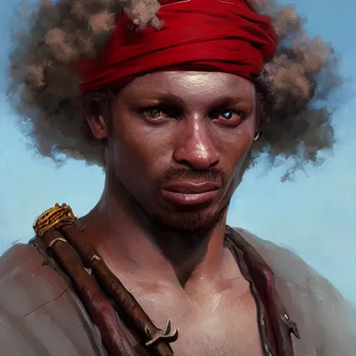 Prompt: very detailed painting of an pale albino african pirate with red headband and curly hair, featured in artstation, concept art by Greg Rutkowski, WLOP, Dan Mumford, Christophe Vacher