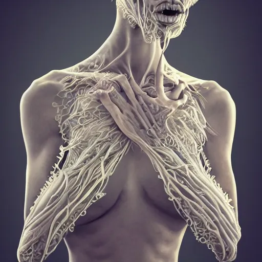 Prompt: hyper realistic photography of an alien, plated arm, intimate, chest, holding close, ribbons, in the style of beth cavener, jin kagetsu,, and wlop, highly detailed, intricate filigree, symmetry, masterpiece, award winning, sharp focus, concept art, highkey lighting, ambient lighting, octane render, 8 k, artstation