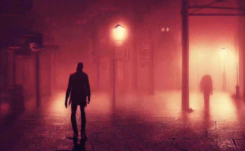 Prompt: red night street, gloomy and foggy atmosphere, octane render, artstation trending, horror scene, highly detailded