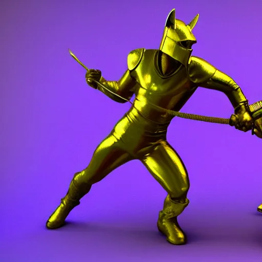 Image similar to gold knight fighting purple cougar, 3d render, honorable, cinematic, sharp