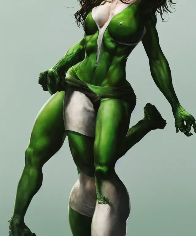 Image similar to anne hathaway as shehulk, au naturel, hyper detailed, digital art, trending in artstation, cinematic lighting, studio quality, smooth render, unreal engine 5 rendered, octane rendered