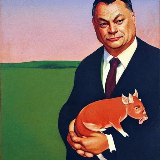 Image similar to highly detailed propaganda poster portrait of the leader of fascist hungary, viktor orban riding a pig during a traditional pig slaughter, painted by edward hopper