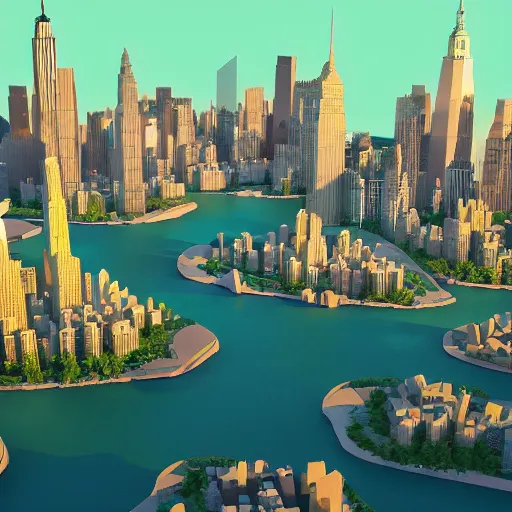 Prompt: new york city on a floating island in the sky, low poly art, isometric art, 3d render, ray tracing, waterfall, high detail, artstation, concept art, behance, smooth, sharp focus, ethereal lighting