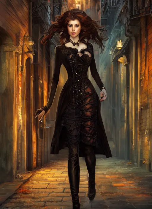 Prompt: a beauty woman walking on a dark city alley, full body, 8 k, hyperrealistic, hyperdetailed, fantasy portrait by laura sava