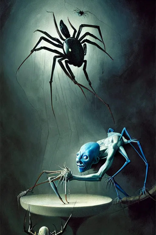 Image similar to hieronymus bosch, greg rutkowski, anna podedworna, painting of a blue skinned elf being turned into a spider demon