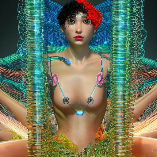 Image similar to swimming deeper into the multiverse, piles of modular synth cables mixed with mangrove roots, kawaii puerto rican goddess chilling out wearing a headpiece made of circuit boards, by cameron gray, wlop, stanley kubrick, masamune, hideki anno, jamie hewlett, unique perspective, trending on artstation, 3 d render, vivid