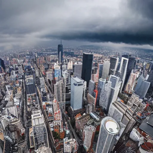 Image similar to marquess brownlee walking skyline between twin towers aerial shot cloudy day