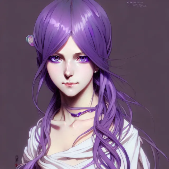 Image similar to anime girl with flowing lavender hair, purple eyes and white dress, black jewellery, profile photo, digital artwork, very beautiful face, pretty smile, extremely detailed art by greg rutkowski and alphonse mucha