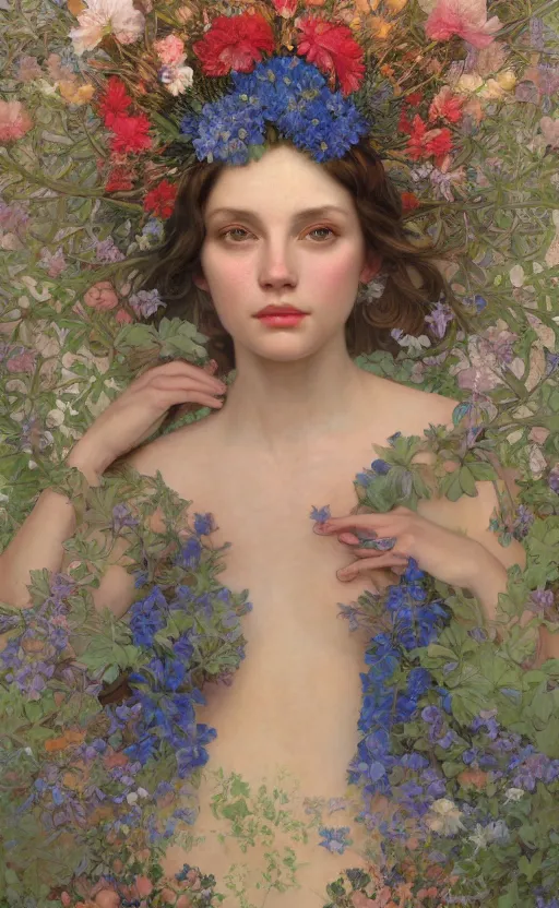 Image similar to a oil painting hyperrealism of a beautiful woman on a white background, flowers, painted by mucha, floral headdress, 8 k resolution, octane render, trending on artstation, volumetric light 2 blue fractal thunder glow by dan mumford, anaglyph effect, laurie lipton