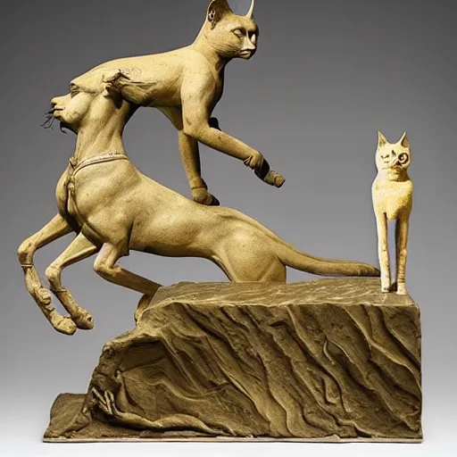 Image similar to sculpture of beautiful, athletic creature that is a half of the roman emperor augustus and a half of egyptian cat, sculpture of stanisław szukalski, emotionally touching, elegant, masterpiece
