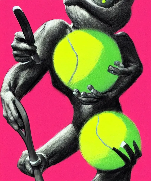 Image similar to a portrait of a tennis ball monster holding a tennis racket on a tennis court, chalk, fantasy, elegant, digital painting, artstation, concept art, matte, sharp focus, illustration, art by basil gogos